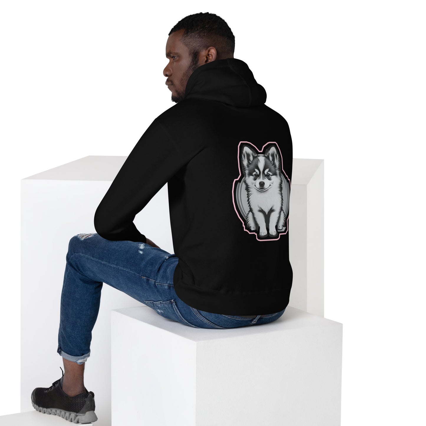 Where I go, trouble follows. - Unisex Hoodie Pomsky Portrait on Back - by CHURROlicious
