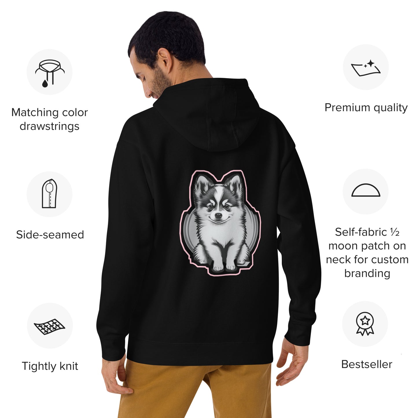 Where I go, trouble follows. - Unisex Hoodie Pomsky Portrait on Back - by CHURROlicious