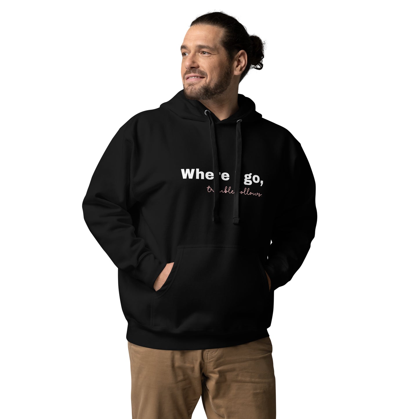 Where I go, trouble follows. - Unisex Hoodie Pomsky Portrait on Back - by CHURROlicious