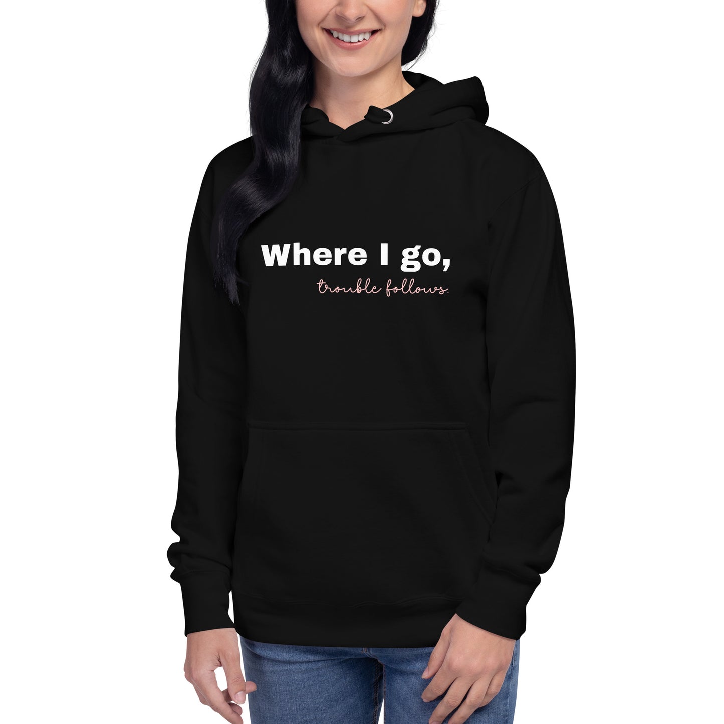 Where I go, trouble follows. - Unisex Hoodie Pomsky Portrait on Back - by CHURROlicious