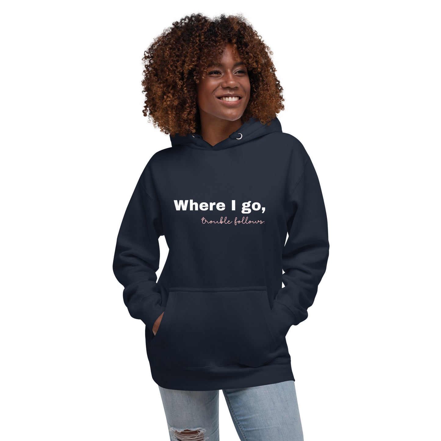 Where I go, trouble follows. - Unisex Hoodie Pomsky Portrait on Back - by CHURROlicious